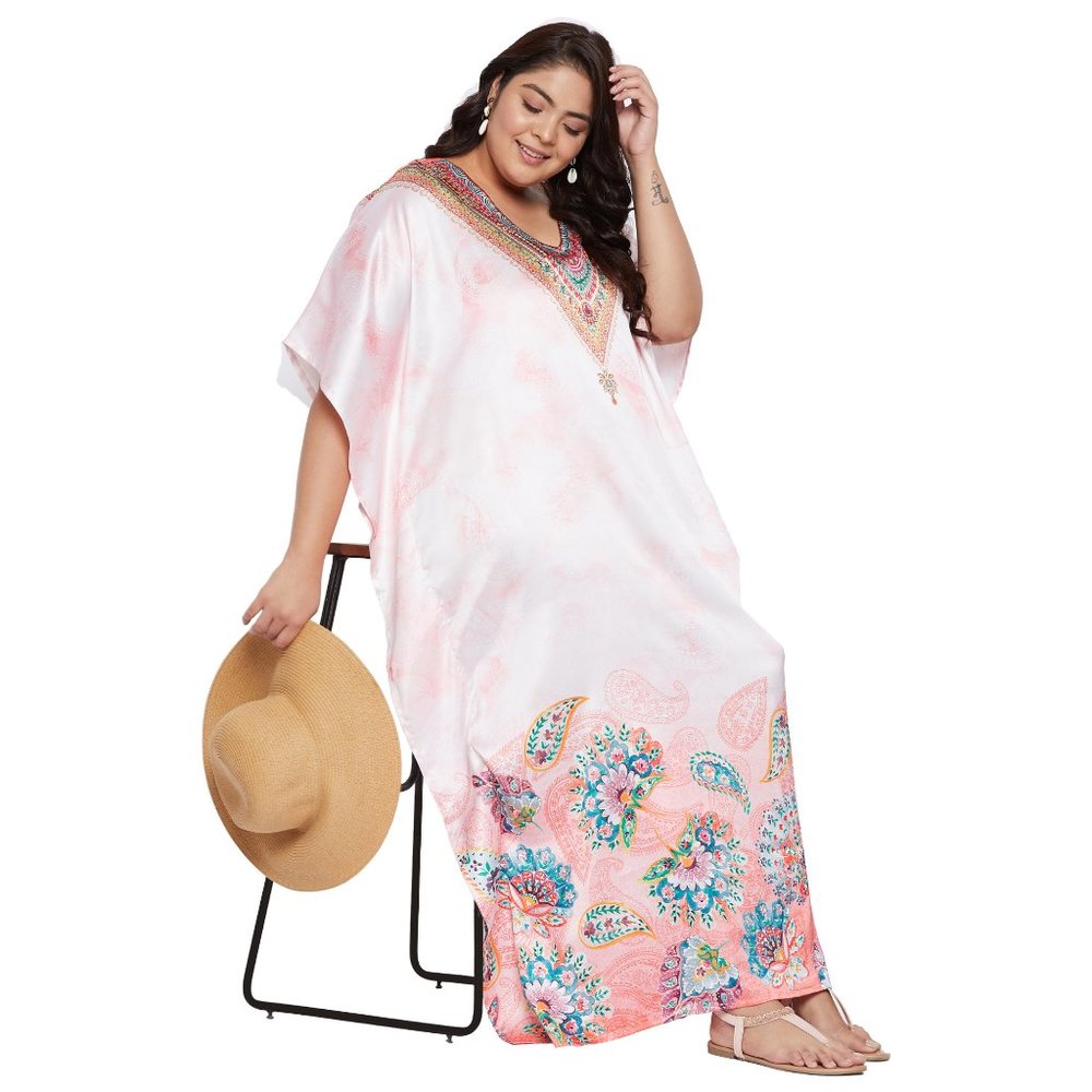 Women Plus Size Floral & Paisley Print Peach Satin Kaftan Dress by Gypsie Blu